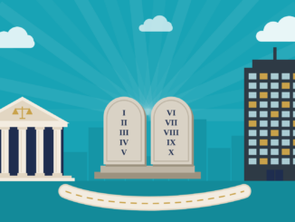 Two stone tablets numbered I to X between a law firm and a corporate tower: 10 commandments for external counsel