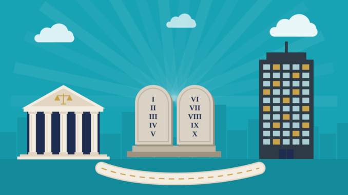 Two stone tablets numbered I to X between a law firm and a corporate tower: 10 commandments for external counsel