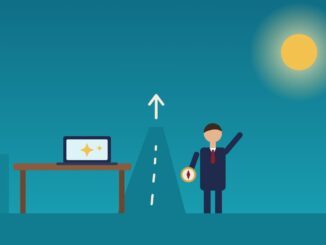 Future-proofing the in-house counsel: a lawyer with a compass beside an AI laptop, pointing down the road ahead
