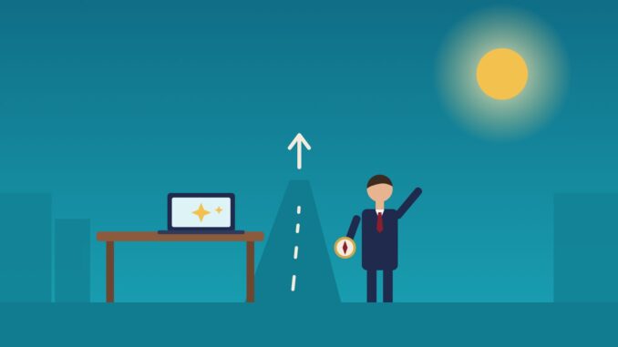 Future-Proofing the In-House Counsel Future-proofing the in-house counsel: a lawyer with a compass beside an AI laptop, pointing down the road ahead