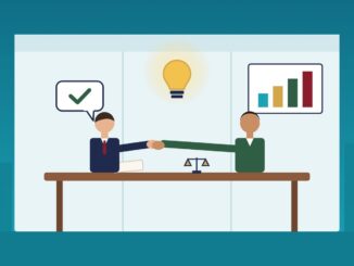 Good in-house lawyer shaking hands with a business executive across a conference table, with scales of justice, a lightbulb idea and a growth chart