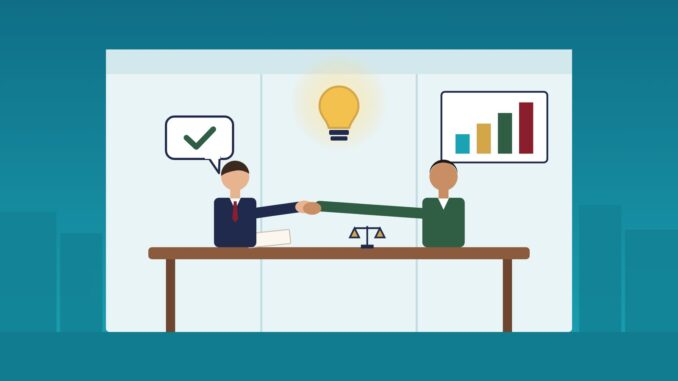Good in-house lawyer shaking hands with a business executive across a conference table, with scales of justice, a lightbulb idea and a growth chart