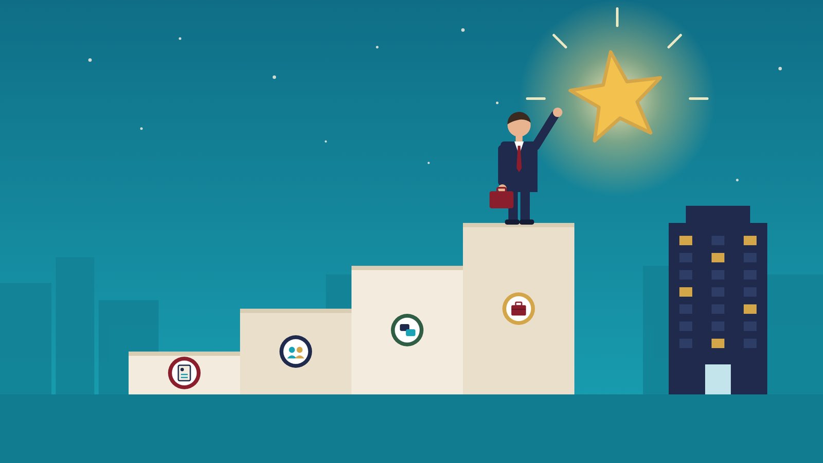 How to get an in-house counsel job: a lawyer climbs steps marked resume, networking, interview and offer to reach a gold star beside a corporate tower