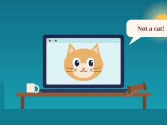 Zoom cat lawyer illustration: a cartoon kitten on a laptop video call saying not a cat