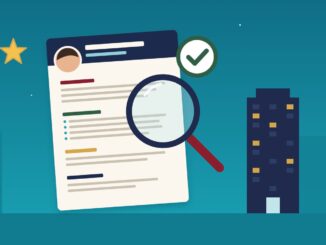 In-house counsel resume under a magnifying glass with a green check mark, in front of a corporate office tower