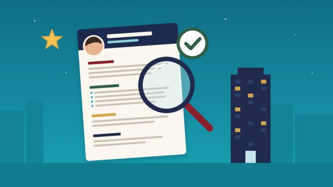 In-house counsel resume under a magnifying glass with a green check mark, in front of a corporate office tower