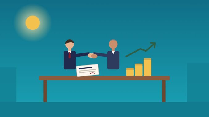 Negotiating the In-House Job Offer Negotiating the in-house job offer: a lawyer and an employer shaking hands over an offer letter and rising coin stacks