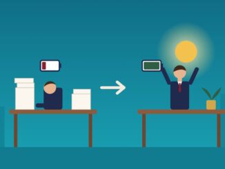 Lawyer burnout illustration: an exhausted lawyer slumped over a desk piled with papers and a low battery, next to the same lawyer recharged with a full battery, sunshine and a plant