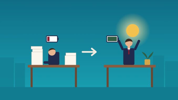 Lawyer burnout illustration Lawyer burnout illustration: an exhausted lawyer slumped over a desk piled with papers and a low battery, next to the same lawyer recharged with a full battery, sunshine and a plant