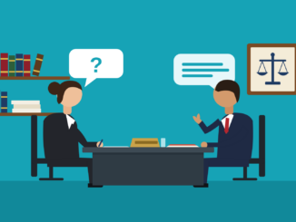 Illustration of a woman interviewing a male candidate across a desk in a law office, with law books and the scales of justice