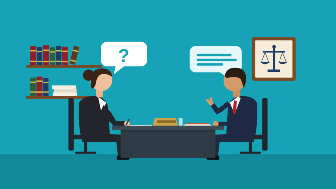 Legal interview questions illustration Illustration of a woman interviewing a male candidate across a desk in a law office, with law books and the scales of justice