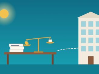 Managing outside counsel illustration: legal invoices and a balance scale on a desk, with a law firm building beyond