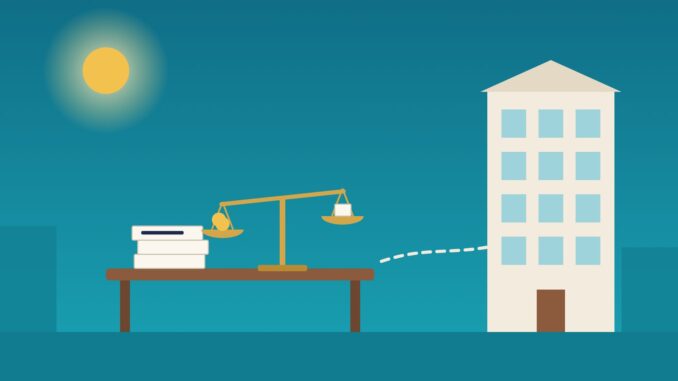 Managing Outside Counsel Managing outside counsel illustration: legal invoices and a balance scale on a desk, with a law firm building beyond
