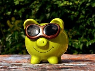 Piggy bank wearing sunglasses: parody private equity guy buying law firms