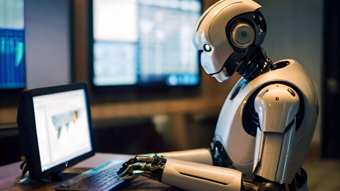 Robot working at an office desk (Pixabay 8781973) Robot typing at a laptop, a nod to AI training now counted toward billable hours