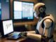 Robot typing at a laptop, a nod to AI training now counted toward billable hours
