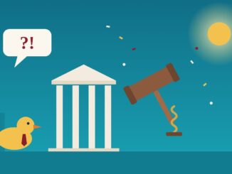 Illustration of a courthouse, a gavel bouncing on a spring and a rubber duck in a tie, for weird, wacky and funny lawyer stories