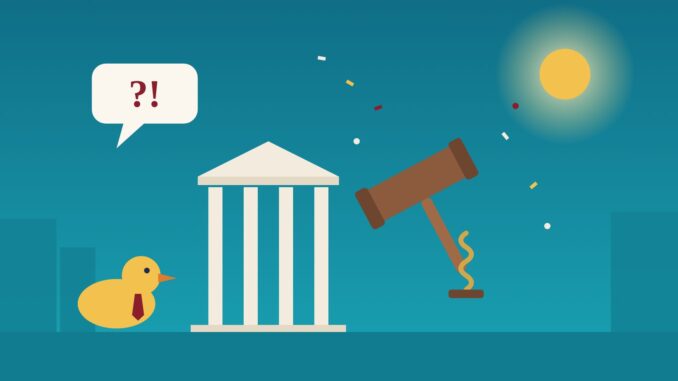 The Weird, Wacky and Funny Illustration of a courthouse, a gavel bouncing on a spring and a rubber duck in a tie, for weird, wacky and funny lawyer stories